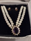 Avon Vintage 1995 Gold Tone Pearl And Amethyst Necklace And Earrings Set