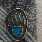 Men s Western Bolo Tie Black Leather  Silver Oval Slide Blue Heart Turquoise