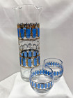 Vintage Mcm Blue Gold Cocktail Pitcher Glass Set Atomic Barware 5 Glasses