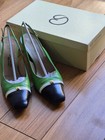 Vintage St John s Lola High Heel Sling Back Green Navy Gold Leather Women s 
