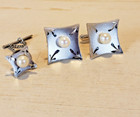 Vintage Sterling Silver And Pearl Etched Cufflinks And Tie Tack Set Signed Jm
