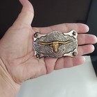 Western Style Longhorn Steer Belt Buckle Silver Gold Tone Engraved Floral Stars