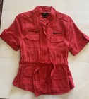 Anthropologie Luii Jacket Short Sleeve Red Military Belted Zip Linen Sz Small