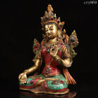 Rare Old Antique Tibet Pure Copper Inlaid With Gems Color Painting White Tara