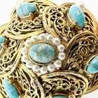 Vintage Gold Metal Faux Pearls   Turquoise Stones Brooch Round Jewelry Pin