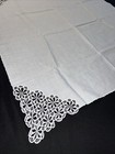 Vtg Crisp White Linen Tablecloth 35    Bobbin Lace Trim Hemstitch Shabby Cottage