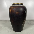 Vintage Korean Mother Of Pearl Inlaid Black Lacquer Urn Vase Bronze Brass Eagle