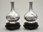 480 Gr Pair Antique Flower He Xing Long Vase Chinese  Solid Silver China 1890