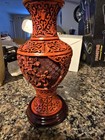 Vintage Chinese Beautifilly Carved Flower Red Cinnabar Lacquer 8  Vase With Box