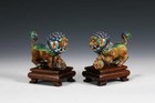 Pair Antique Chinese Champleve Silver Gilt Enamel Fu Lions