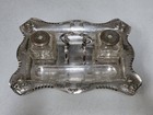 Antique Silver-plated Double Inkwell Desk Standish W 2 Cut-glass Ink