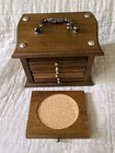 Vintage Mid-century Modern 70   s Wooden Cork Coaster Set Metal Handle New In Box