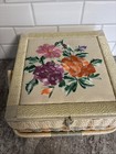 Vintage Embroidered Sewing Basket Flowers  Wicker- Full Of Sewing Supplies 