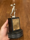 Vintage Metal Bowling Figural Trophy Mid Century Art Deco Black Wood Base 9-1 8   