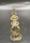 Vintage Hand Blown Glass Perfume Bottle W etched Flowers  Gold Trim    Stopper