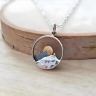 Mountain Scene Pendant Necklace  Silver Chain  Nature Landscape Design  Circle