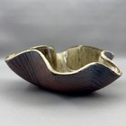 Vintage Freeform Wavy Glazed Pottery Bowl Olive Brown 7 x2 5  Signed Faux Wood