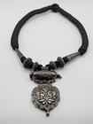 Mexican Folk Art Silver Tone Pendant Necklace Earrings Set Black Cord