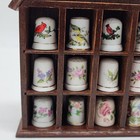 Vintage Wooden Barn Thimble Display Case W 12 Porcelain Thimbles Floral   Bird