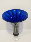 Vintage Midcentury Art Glass Cobalt Blue Glass Vase Green Stripes 11 75   