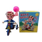 Vintage Wind-up Mechanical Tin Boy Tricycle In Original Box With Bell Works Nib
