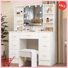 Large Vanity Desk Set With 10 Led Lighted Mirror Makeup Vanity Table 7 Drawers