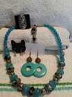 Silver Tone Blue Round Beaded Jewelry Set Necklace Earrings   Ring