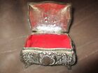 Silver Tone  Small Metal Trinket Jewelry Box Red Cloth Lining Vintage Hinged Top