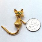 Vintage Gold Tone Cat  Brooch Pin With Green Eyes Whiskers Moving Tail Figural