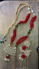 Indian Kundan Red Glass Pearl Gold Tone Adjustable Necklace Earring Set Jewelry