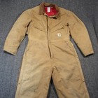 Vtg Carhartt Duck Canvas Coveralls 46 Tan Quilt Lined Insulated Workwear Hunting