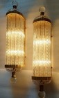 Pair Vintage Art Deco Brass   Ribbed Glass Rod Light Fixture Wall Sconces Lamp