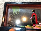 Vintage Jewelry Box Black Lacquer Mountian Boats Asian Girl Mirror Made In Japan