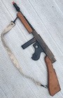 Rare Vtg Wooden  hell-raiser  Thompson Sub Machine Gun Toy     Rat-a-tat-tat Sound