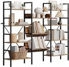 4 Tier Industrial Bookshelf Triple Wide Bookcase Rustic Wood Metal Storage Rack