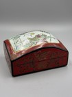 Antique Chinese Red Lacquer   Gold Inlaid Box With Famille Rose Porcelain Plaque