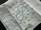 A  Vintage Nos White Hankie Blue Monogram J Madeira Hand Embroidered Wedding