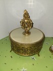 Vintage Gold Filigree Ormolu Vanity Powder Box W glass Insert   Perfume Bottle