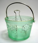 Vintage Depression Glass Green Etched Art Deco Ice Bucket With Metal Handle