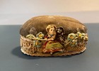 Antique Tiny Handmade Pin Cushion Paper Litho Girl Dog  Lace Sewing Pincushion