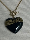 Vintage Gold Tone Choker Necklace Lg Black Glass Heart Pendent Gold Foil 15 