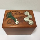 Vintage Wood Recipe Trinket Box Mushroom Vegetable Carved Design 1970s Decor