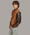 Men s Brown Suede Cognac Bomber Jacket With Real Leather Sleeves Varsity Jacket