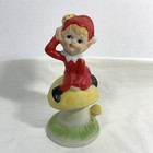 Vintage Red Pixie Elf On Mushroom Figurine Bisque Hand Painted Ladybug Cute  