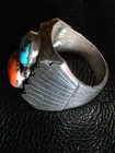 Vintage Navajo Southwestern Weighty Sterling Silver  Turquoise And Coral Ring