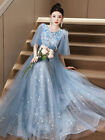 Blue Evening Dress Women Lace Light Luxury Banquet French Host Long Floral Dress