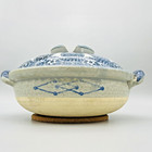 Japanese Large Donabe Earthenware Clay Hot Pot Blue   White Design 14  4 Qt Euc
