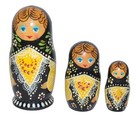 Vintage Nesting Dolls Matryoshka Russian Set Of 3 Black Yellow Hand Painted