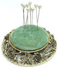 Vtg Antique Green Velvet Pin Cushion Rose Flower Sewing Round Gold Tone Metal 4 