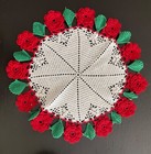 Vtg Hand Made Crochet Doily Red Rose Layered Green Leaf White Round 17   